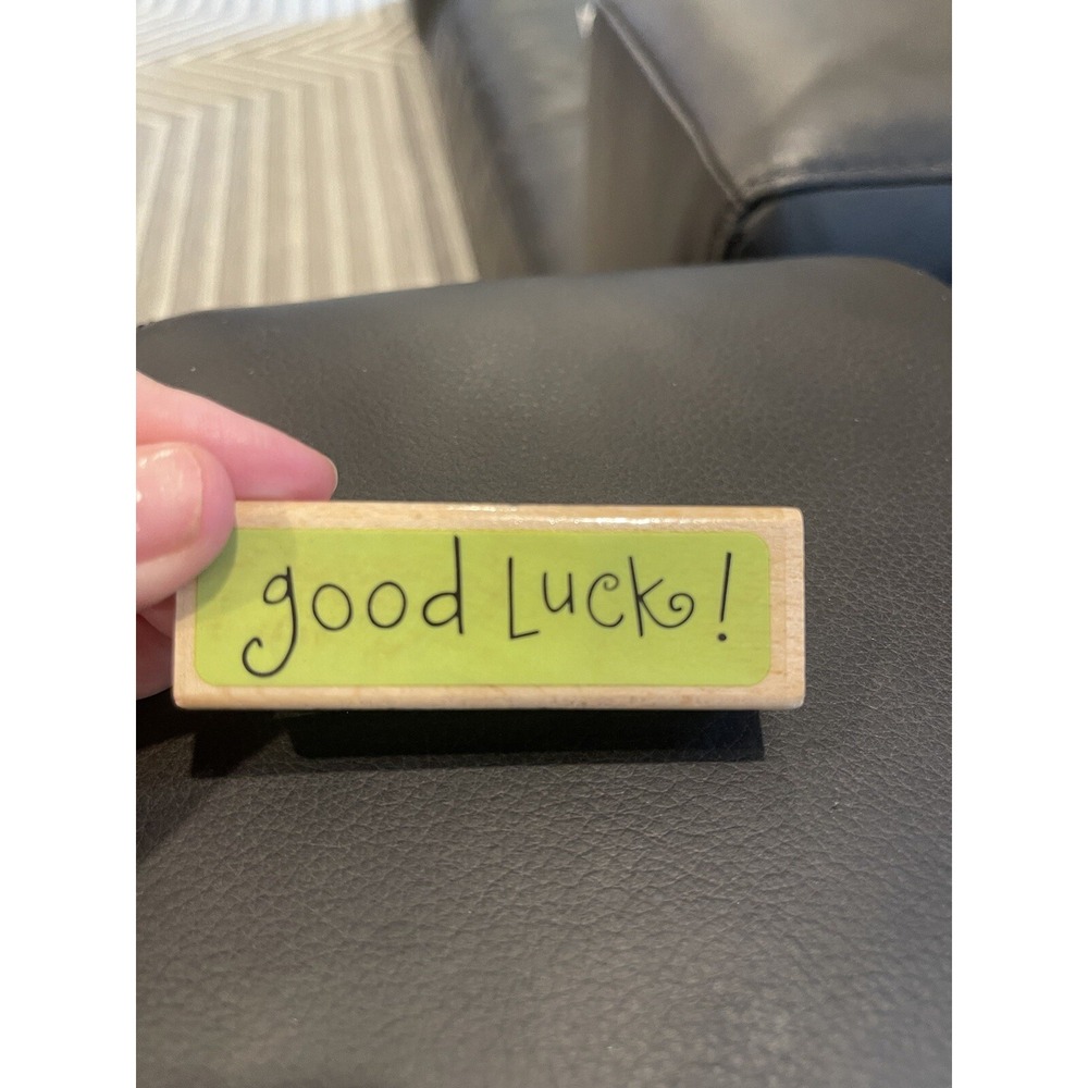 GOOD LUCK Wood Rubber Stamp Greeting Word Script Mounted Katie & Co. Card Making